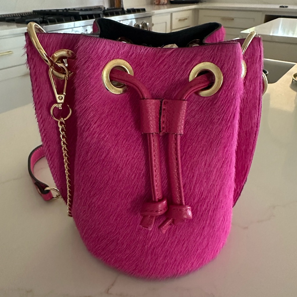 Hot Pink Shoulder Bag with Drawstring Closure and Gold Chain Strap